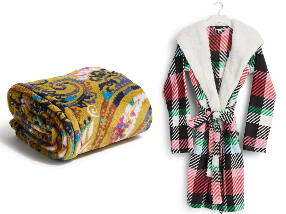 floral blanket and plaid robe 