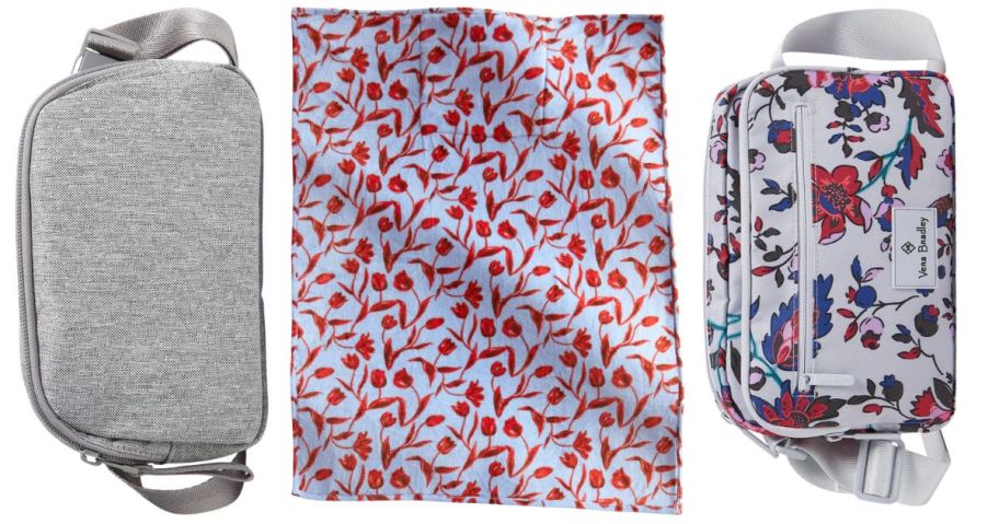 two vera bradley belt bags and a blanket