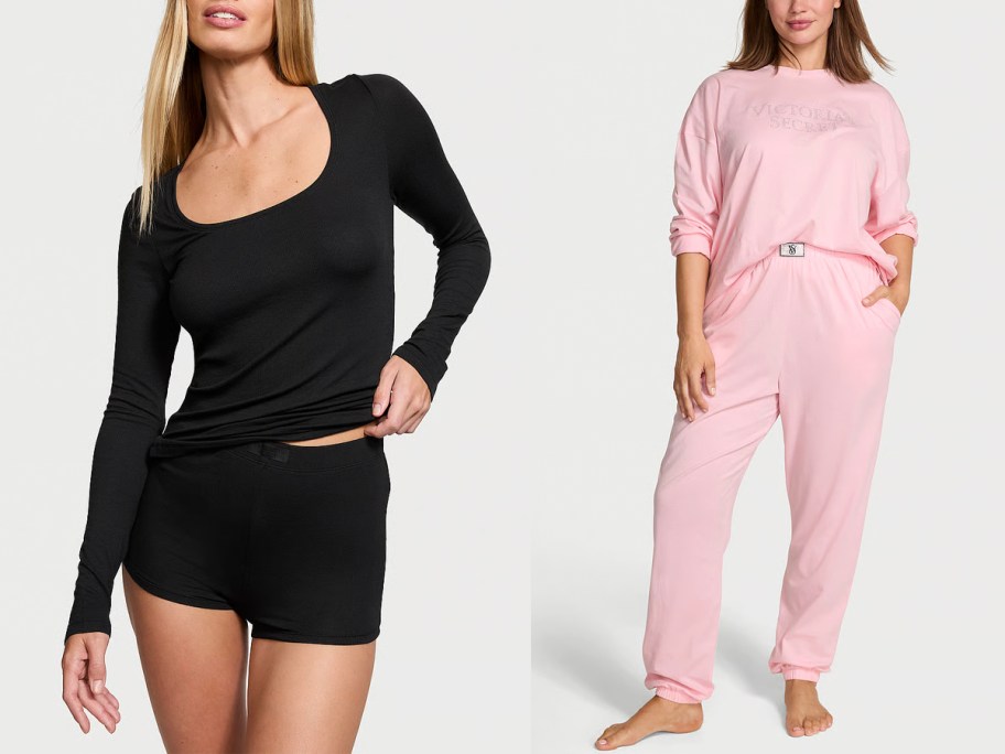 women wearing black and pink pajamas 