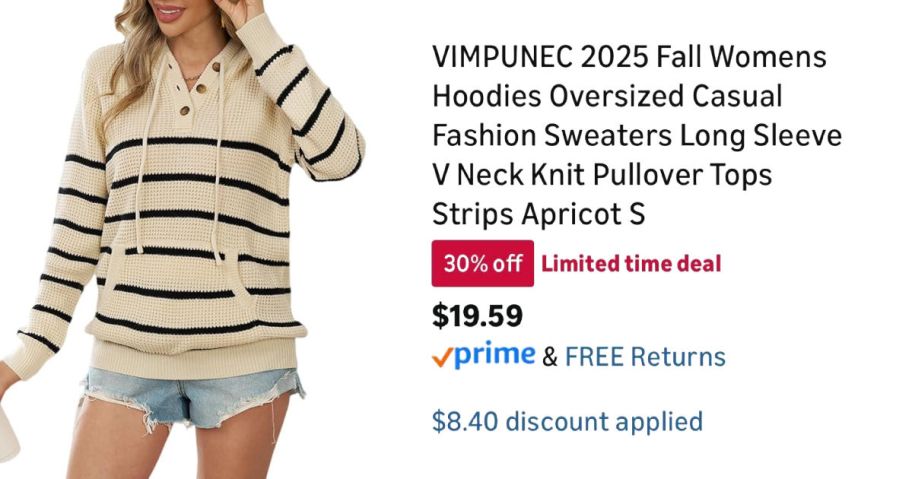 woman wearing striped hoodie next to Amazon pricing information