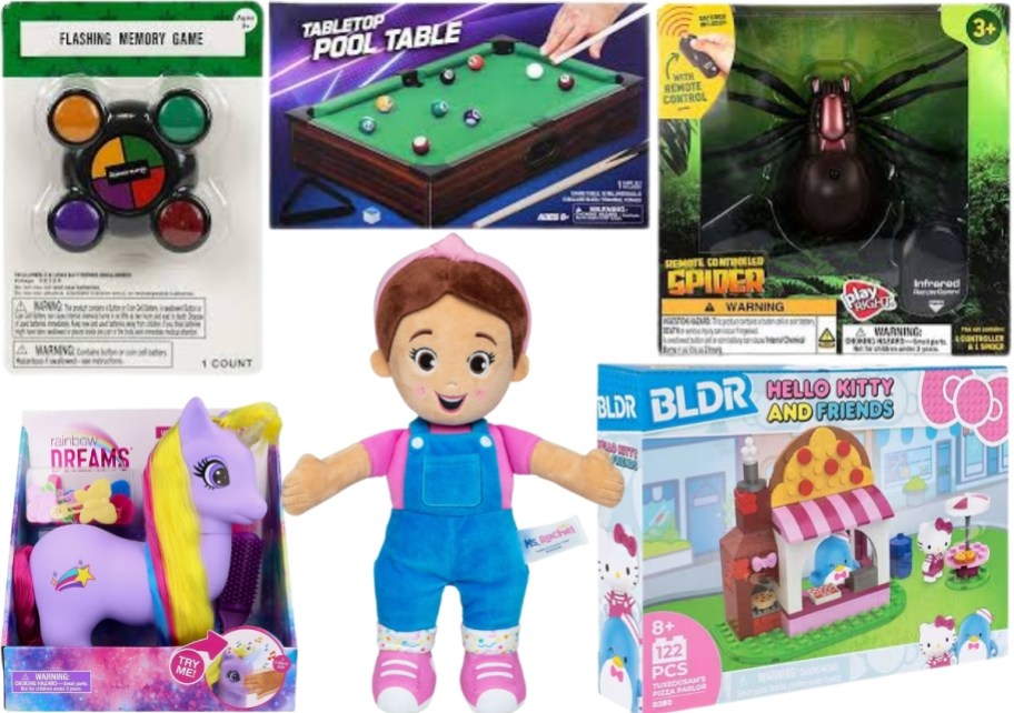 memory game, mini pool table rc spider, pony play figure, ms rachel doll, hello kitty building set