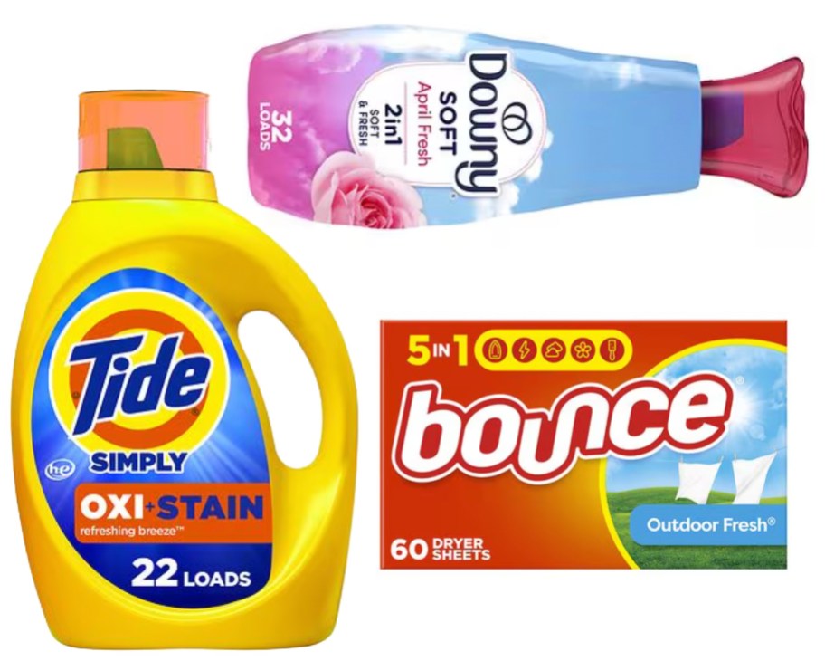 yellow detergent bottle, fabric softener and dryer sheets