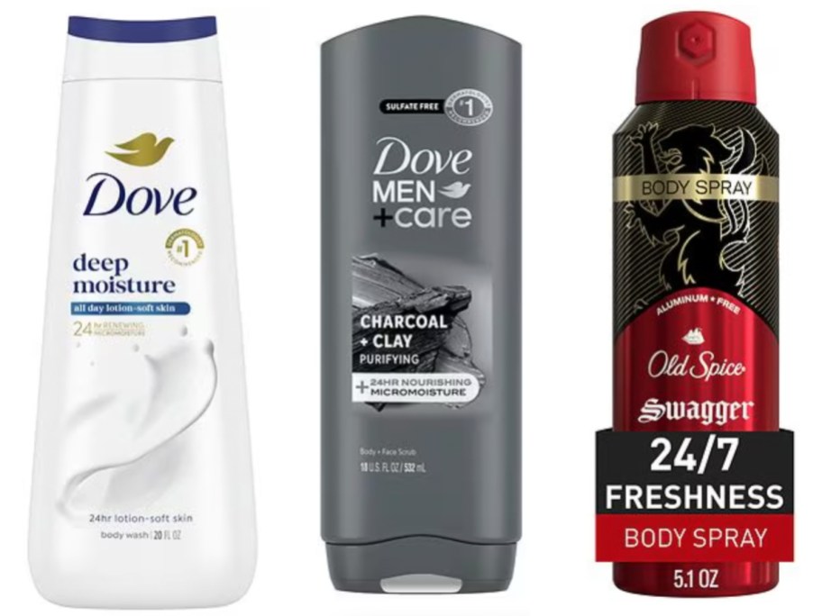 two body washes and spray deodorant