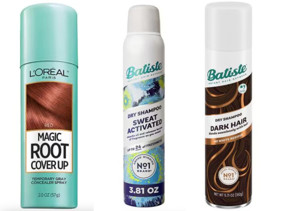 root cover up spray and two dry shampoo bottles
