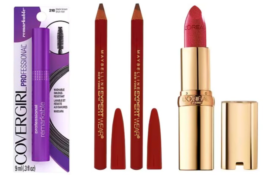 purple mascara red eye liners and gold lipstick