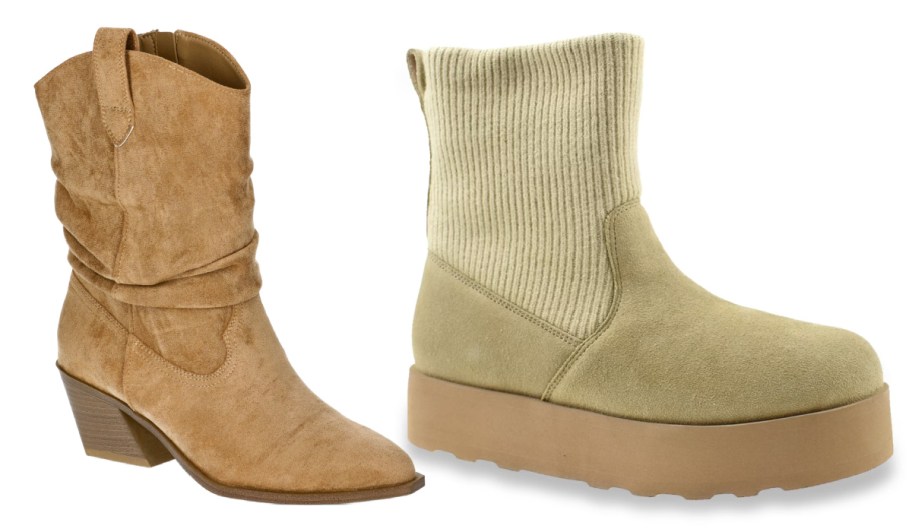 tan western pointed toe boot and green ankle boot
