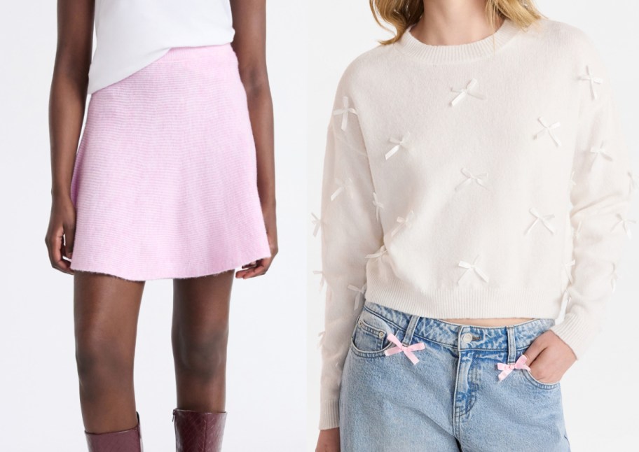 women in pink skirt and white sweater