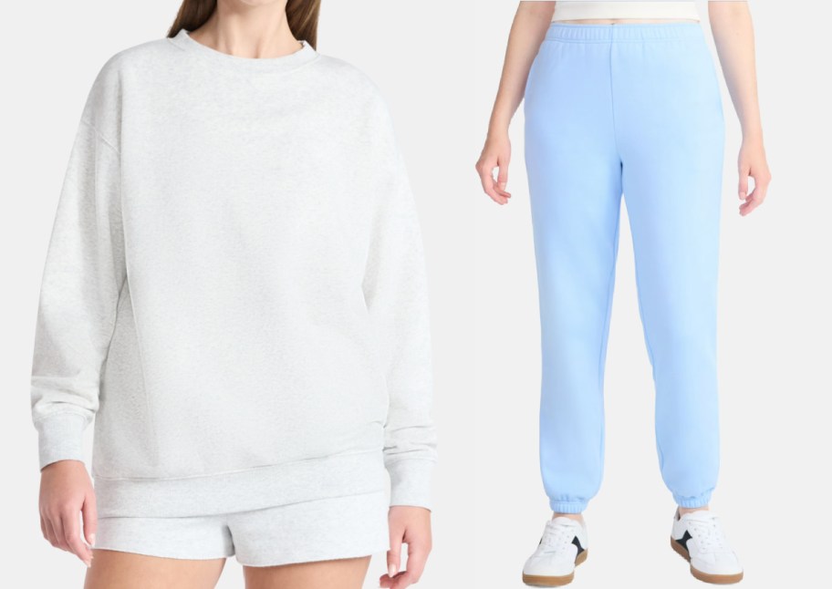 women in grey sweatshirt and blue sweatpants