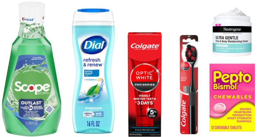 6 personal care items on a white background