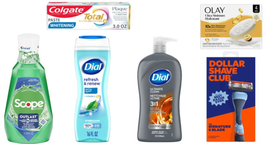 6 personal care items on a white background