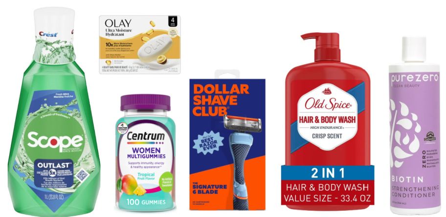 6 personal care items on a white background