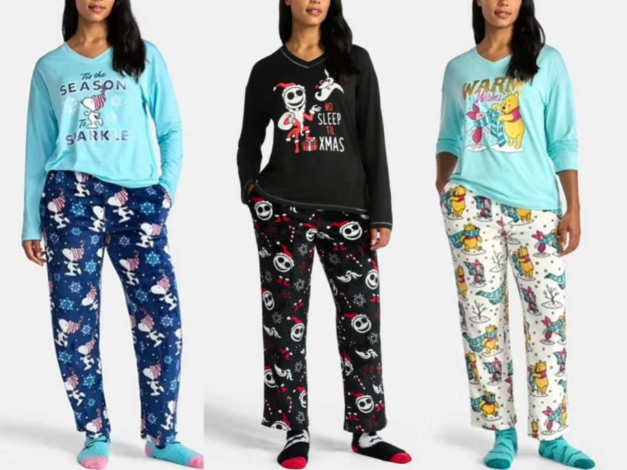 three women wearing peanuts, nightmare before christmas, and pooh pajamas