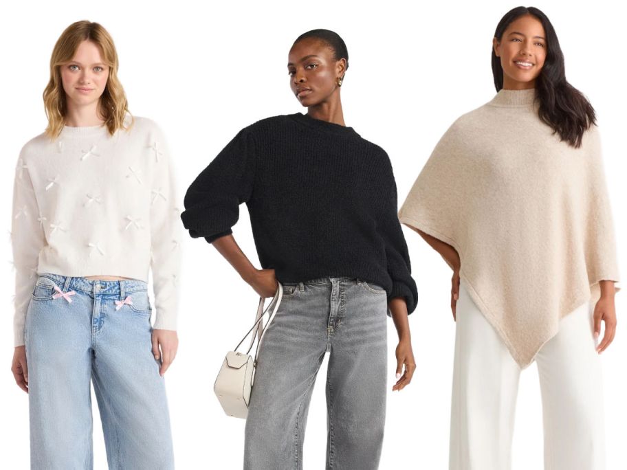 3 women from the knees up on a white background