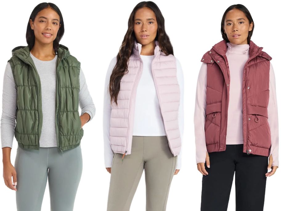 3 women wearing vests on a white background