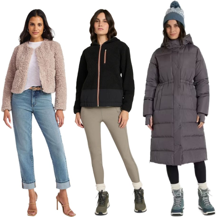 3 women wearing coats on a white background