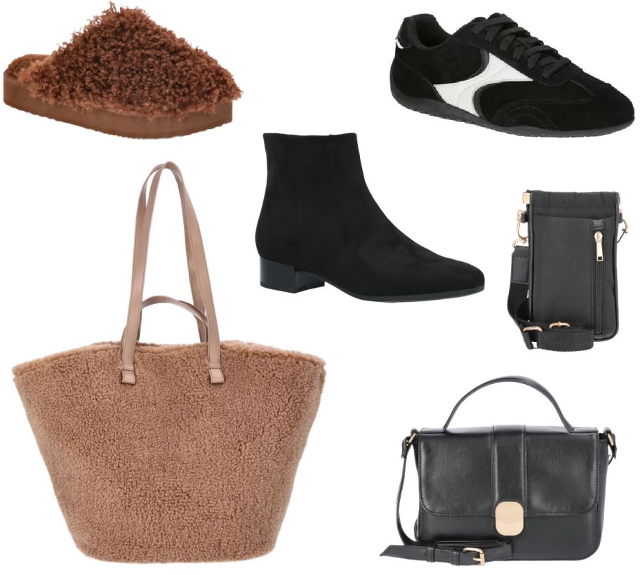 6 shoes and handbags on a white background