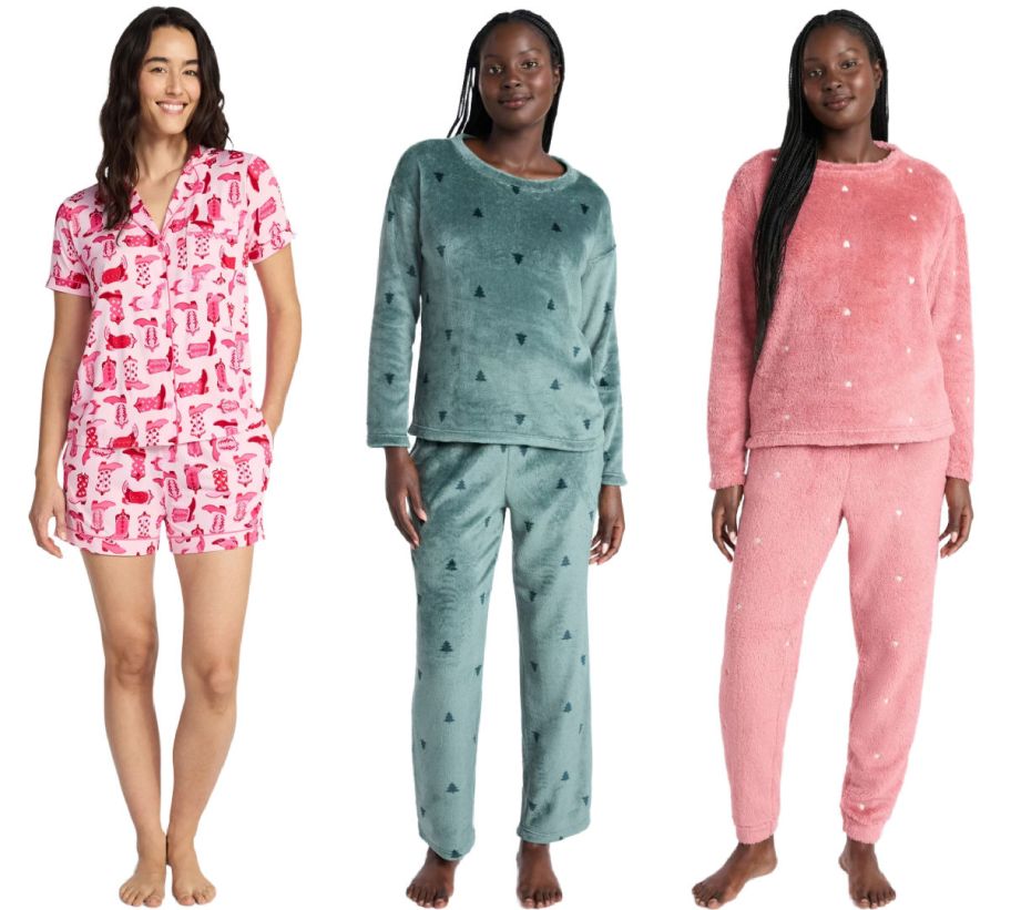 3 women wearing pajamas on a white background