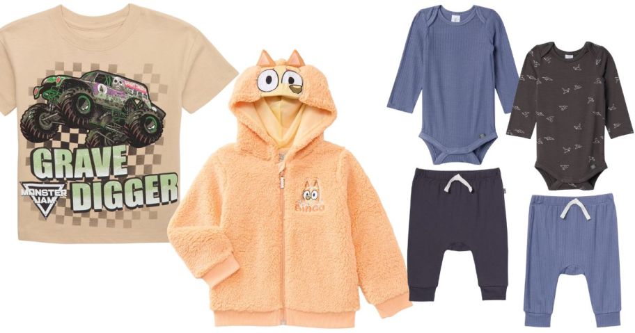 a monster jam shirt, a bingo sweatshirt, and a clothing set