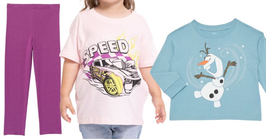 leggings, a kid wearing a hot wheels shirt, and an olaf shirt