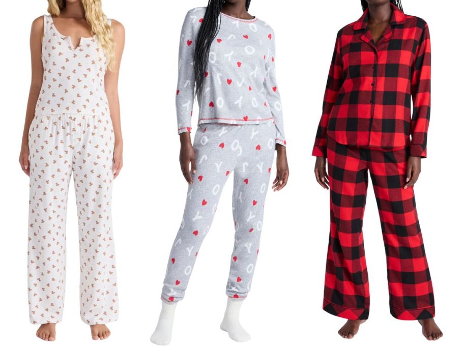 three women wearing pajamas