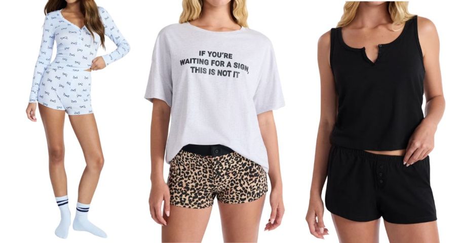 three women wearing pajamas