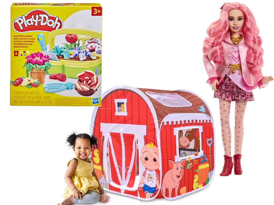 playdoh box, farm tent, and barbie 