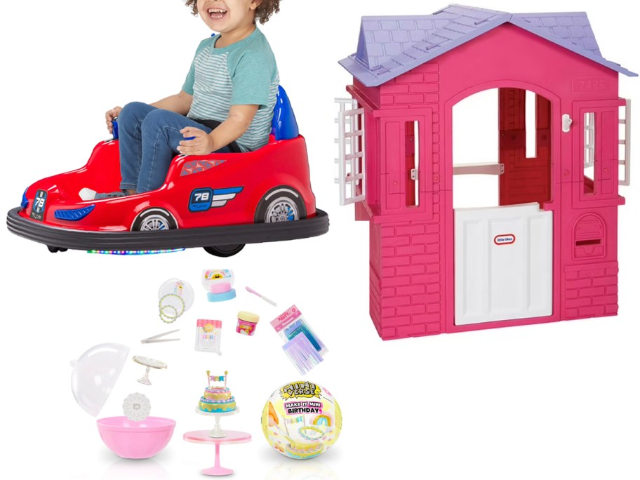 boy on bumper car, pink house, and miniverse ball 