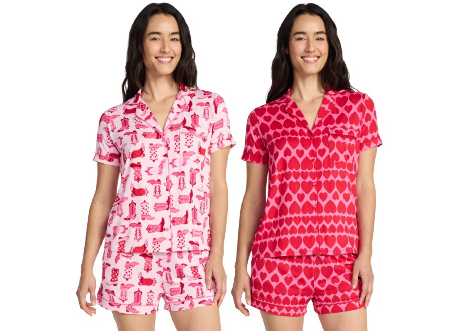 Two women wearing Valentine's PJs from Walmart.
