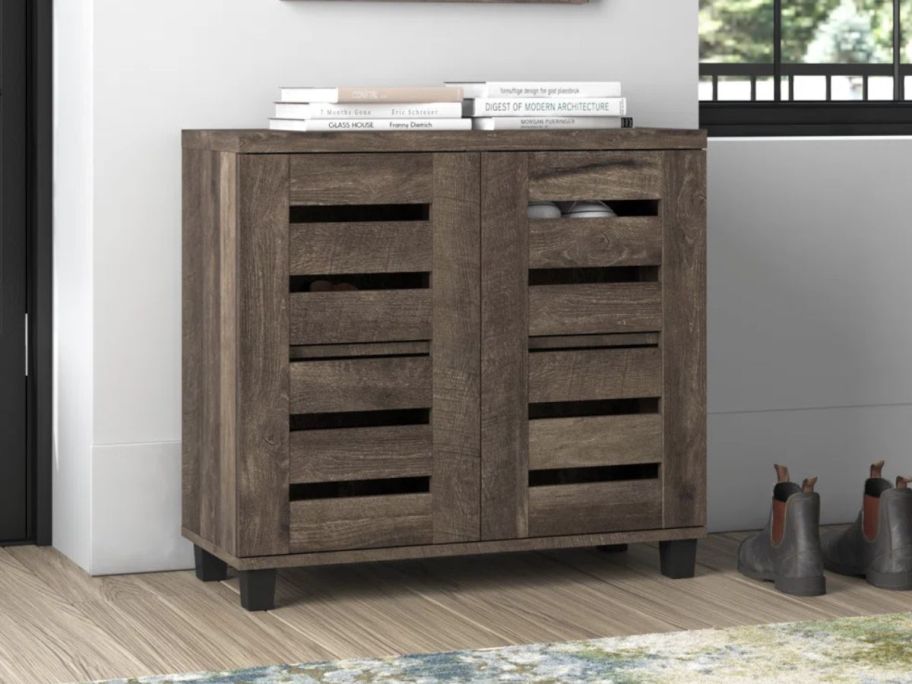 shoe cabinet against wall