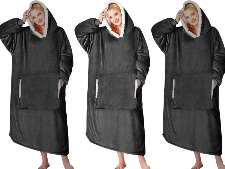 woman wearing grey blanket hoodie