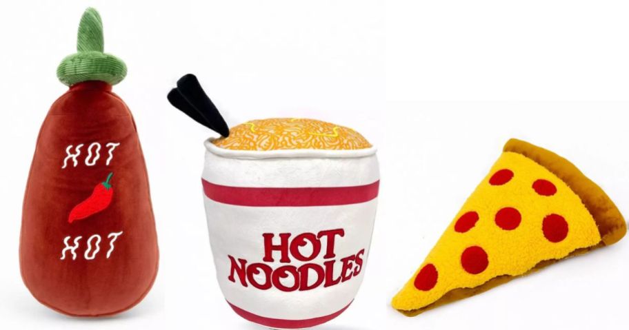 weighted stuffed plush hot sauce, noodles, and pizza