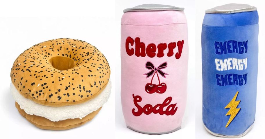 weighted stuffed plush bagel, cherry soda, and energy drink