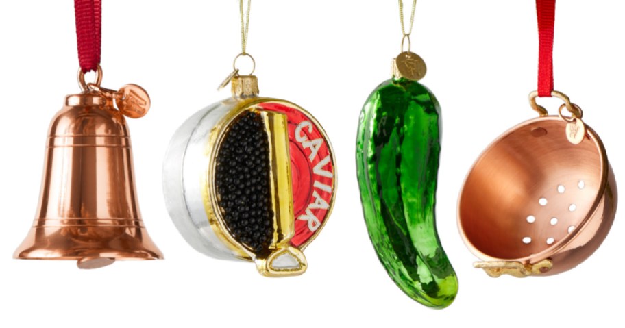 copper bell, caviar, pickle and copper strainer Christmas ornaments