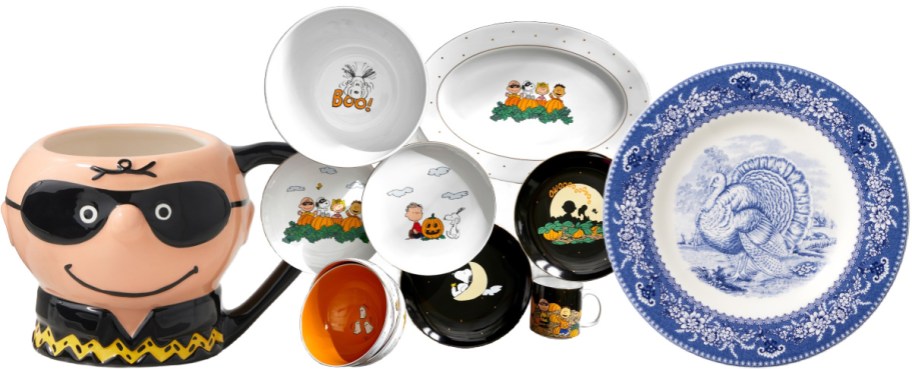 Williams Sonoma Peanuts collection dishes and a blue and white turkey plate.