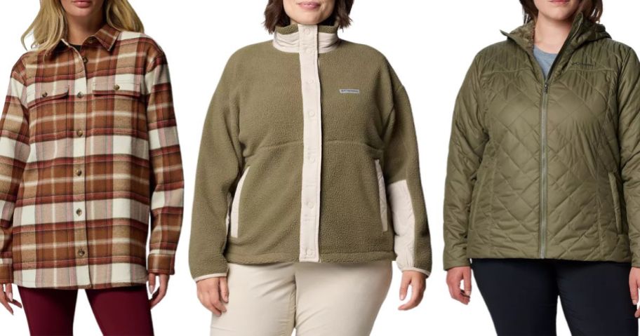 Women's Columbia Blue Point Creek Shirt Jacket, Plus Size Women's Columbia Cloud Point Snap Fleece, and Plus Size Women's Columbia Copper Crest II Hooded Jacket