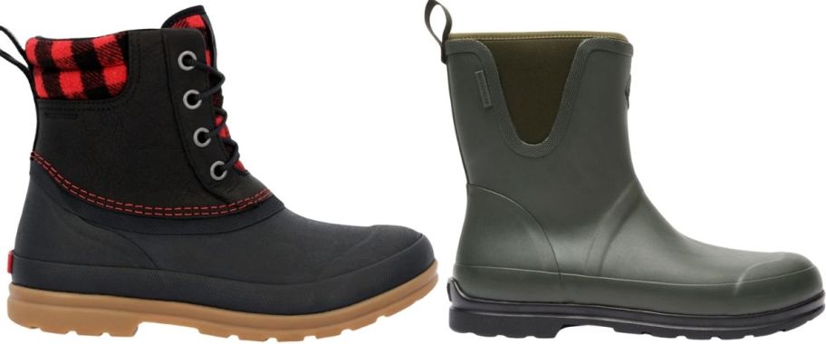 womans duck boot and mens pull on chelsea boot