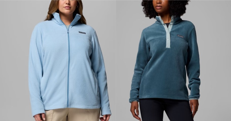 two women in different styles of fleece tops