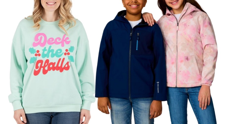 woman in a sweatshirt and 2 kids in outerwear