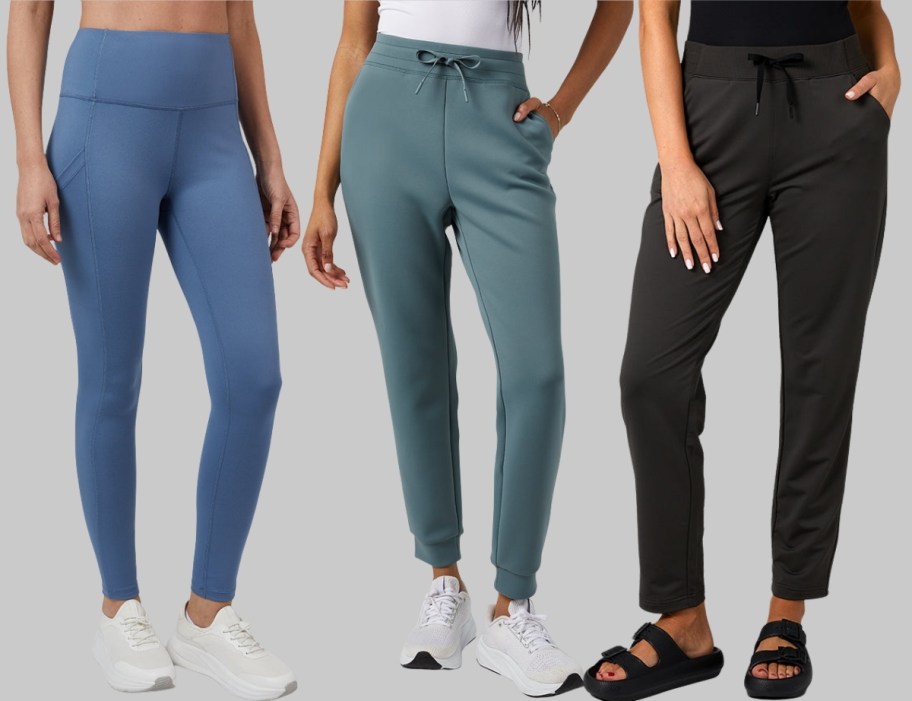 3 women in 3 different styles and colors of pants