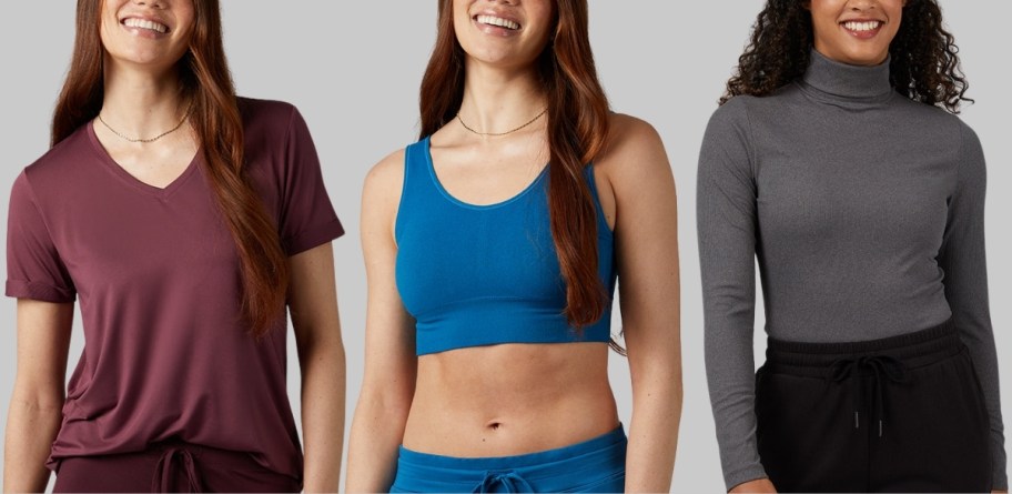 women wearing sleep tee, long line bra and ribbed mock neck top