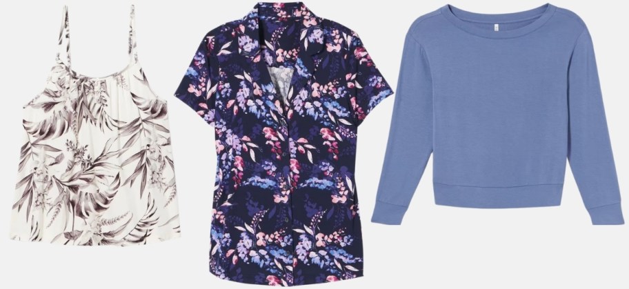 three womens pajama tops in different styles