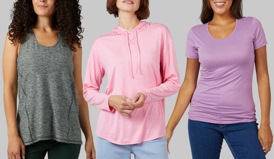 3 models wearing a racerback tank, hooded tee, and v neck tee