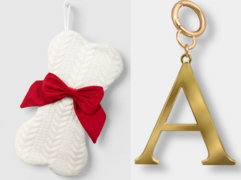 white bone stocking and a monogram charm 