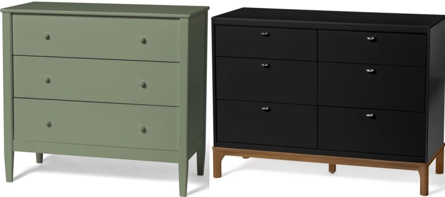 Two baby room dressers. One is olive green and one is black.