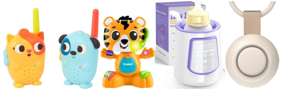 Various baby essentials including toys, a bottle warmer and a portable sound machine.