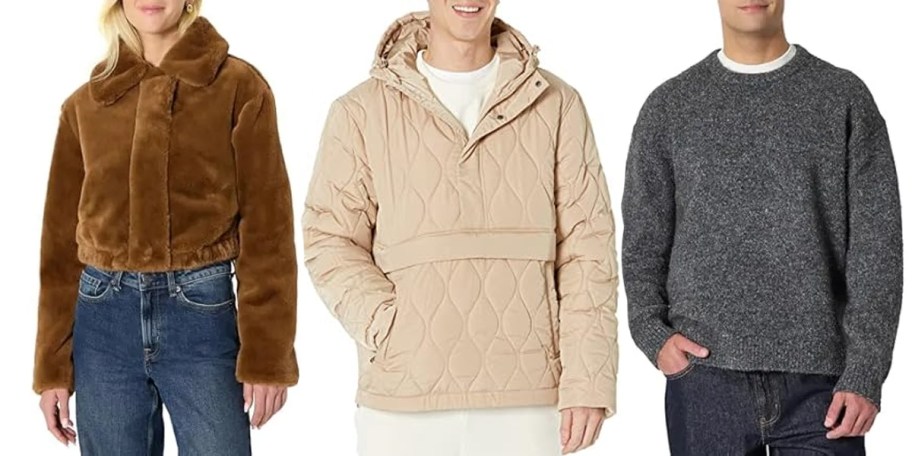 woman wearing fur coat and men wearing tan and gray jackets 