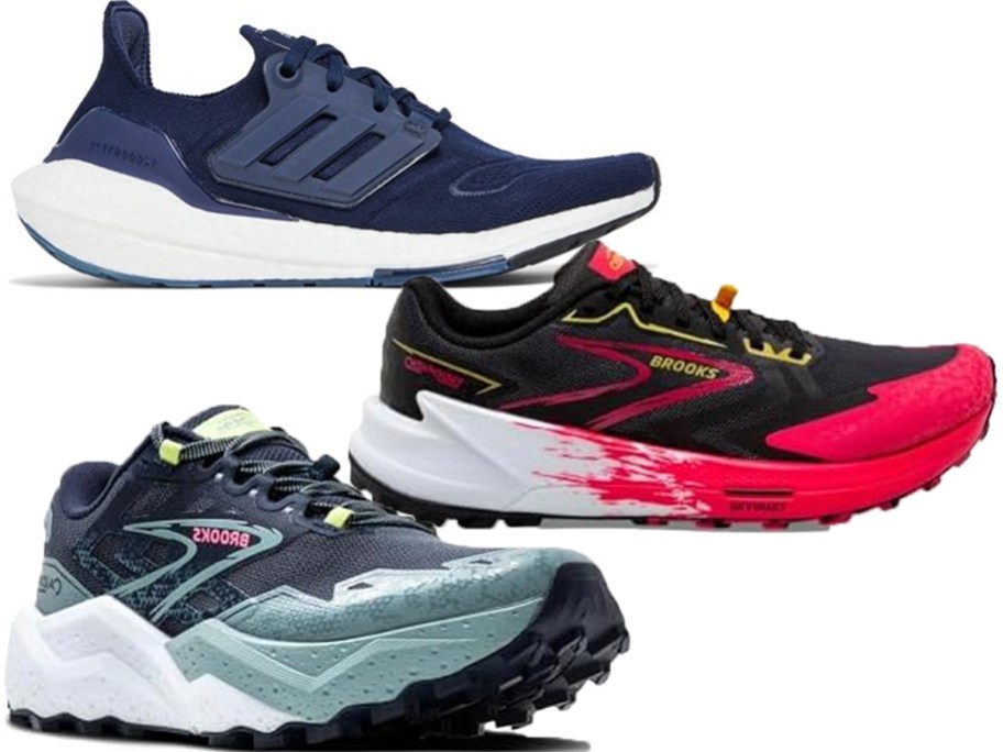 blue, red, and black and blue and white shoes