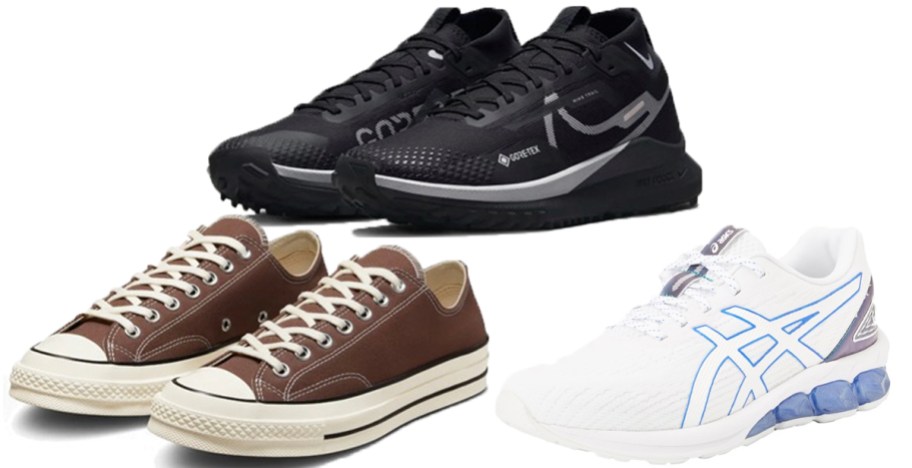 three pairs of black, brown, and white shoes