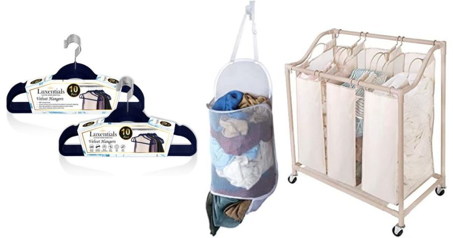 hangers, laundry bag, and laundry sorter