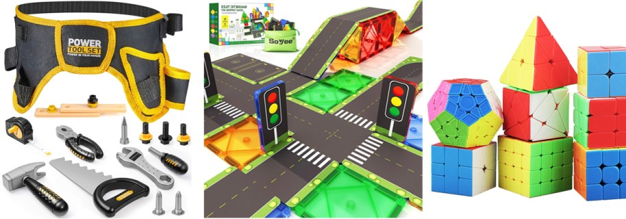 tool belt, magnetic tiles, and speed cube set